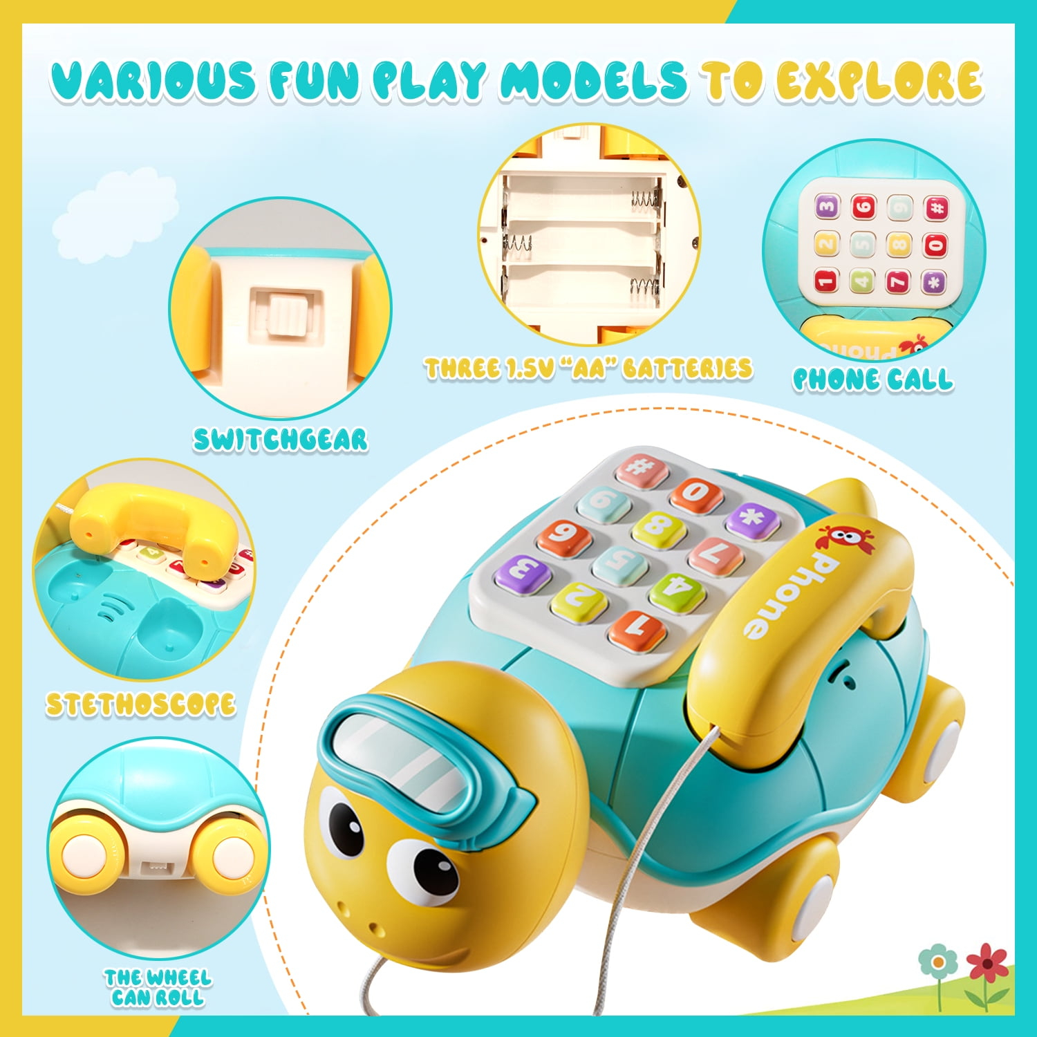 Baby Infant Light up Music Turtle Toys, Baby Toys 6-12 Months with Phone, Baby Crawling Toys for 12-24 Months, Learning Toys for 1 2 3 Year Old Boys Girls Gift - Image 4